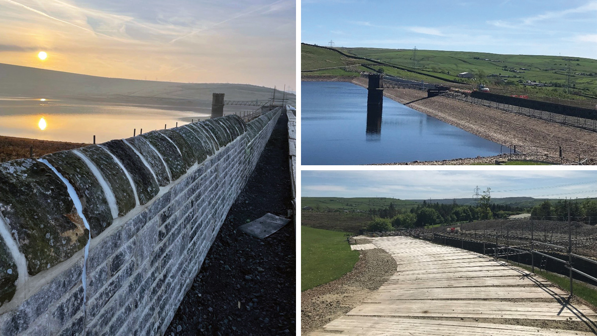 (left) The new wave wall upon completion, (top right) construction of the wavewall and, (bottom right) construction work on the spillway - Courtesy of Costain